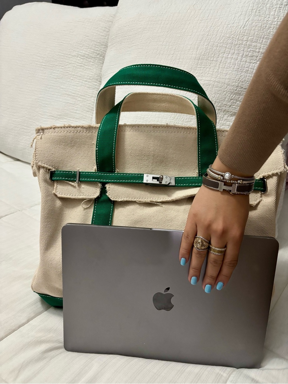 Boatkin Large Canvas Tote Bag with Green Trim- Sunwin